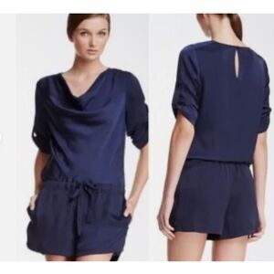 BCBG Max Azria Marcelle Navy Pacific Blue Satin Cowl Playsuit Shorts Romper XS